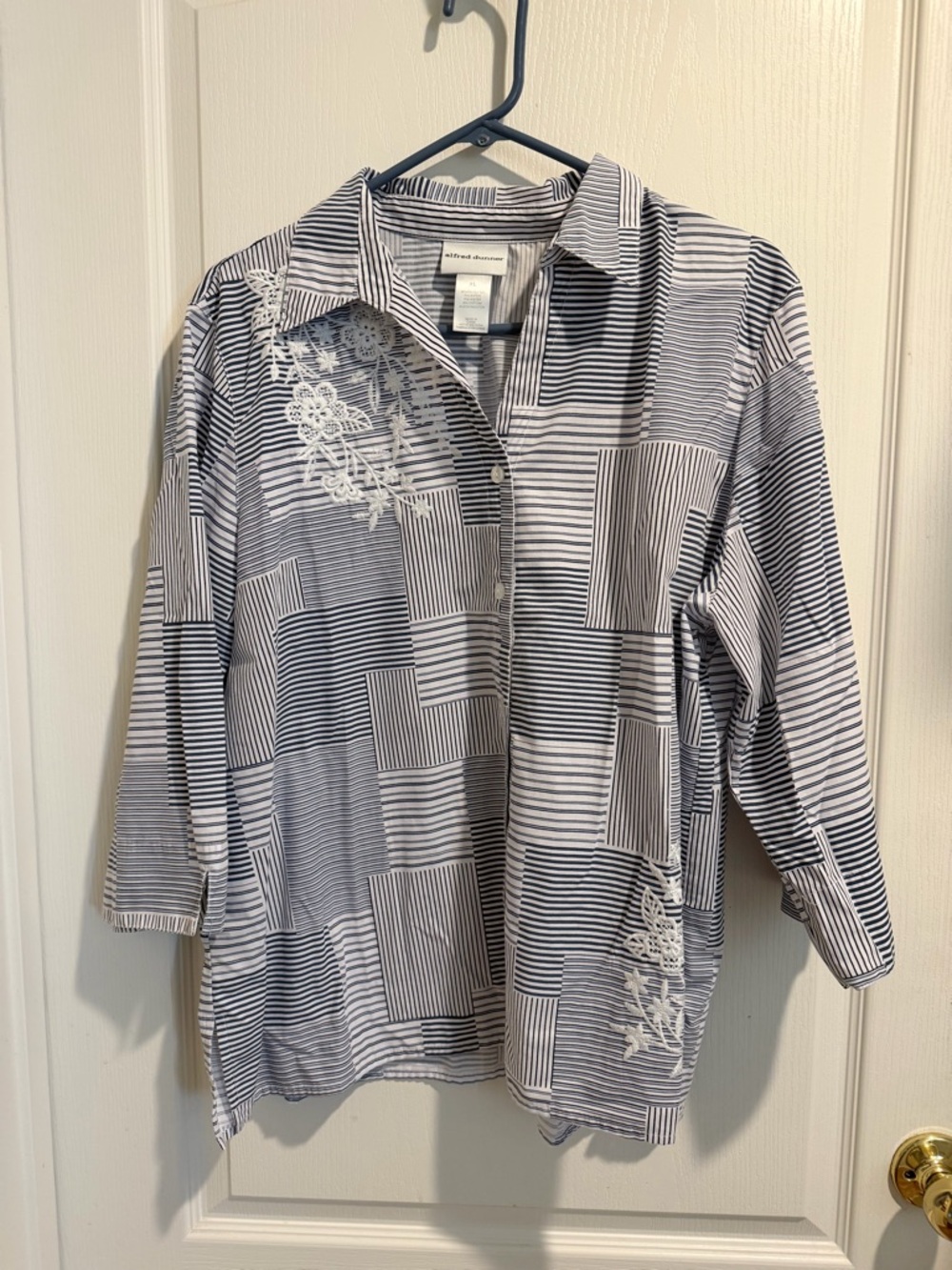 Alfred Dunner Navy & White Striped Button-Down with Lace Appliqué